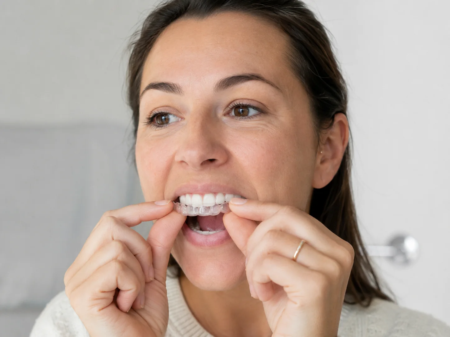 Adult placing an Invisalign clear aligner over her teeth