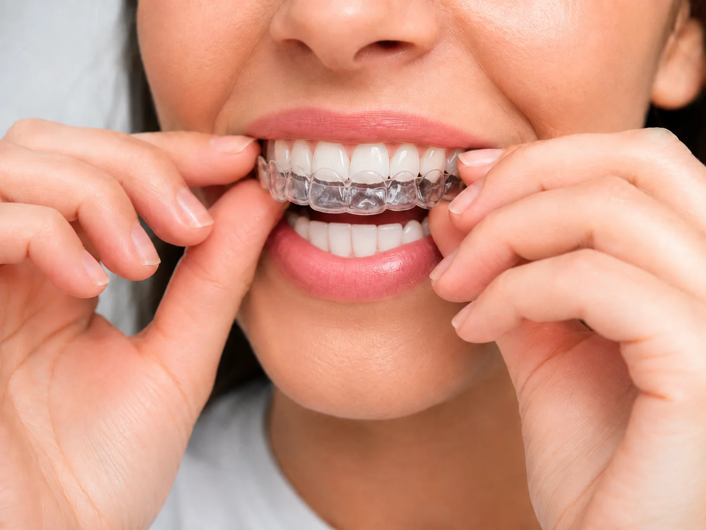 Patient placing a clear orthodontic retainer over their teeth